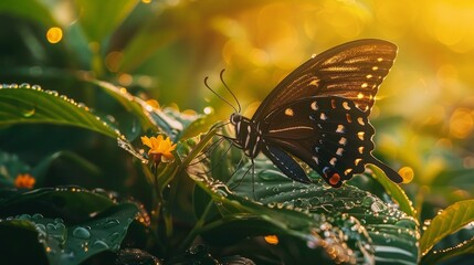 Serene Butterfly Perched on Dewy Leaf in Morning Light Amidst Lush Foliage