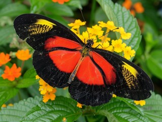 Vibrant Orange and Black Butterfly Perched on Yellow Flower - Nature's Colorful Harmony