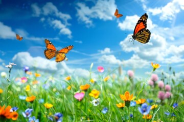 Graceful Pair of Butterflies Dancing in the Air Above a Vibrant Meadow