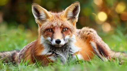 Obraz premium Portrait of red fox (vulpes vulpes) lying in grass