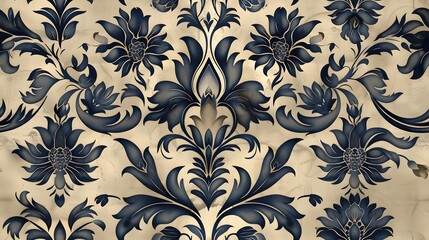 A blue and white floral patterned wallpaper. The flowers are large and the pattern is intricate. The wallpaper has a vintage feel to it