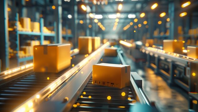Warehouse with advanced technology, showcasing boxes conveyor belt. management system augmented reality technology identify package picking and delivery . Future concept of supply chain and logistic - Powered by Adobe