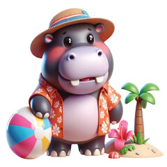 Fototapeta premium Cute hippo wearing Hawaiian outfit holding a beach ball