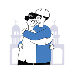 Muslim men hugging and wishing each other. Eid al adha mubarak hand drawn character illustration