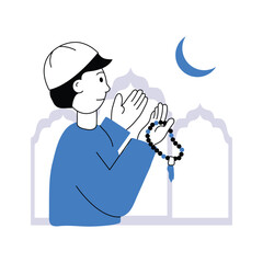 Muslim man doing eid prayer, character illustration