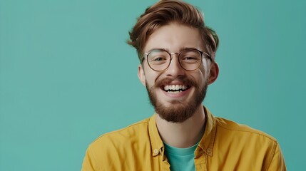 Fototapeta premium Cheerful Young Counselor at Work Exuding Positivity and Guidance in a Colorful Setting