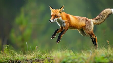 Red Fox jump hunting, Vulpes vulpes, wildlife scene from Europe. Orange fur coat animal in the nature habitat. Fox on the green forest meadow. Funny image from nature