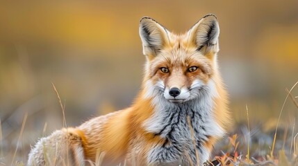 Fototapeta premium Red fox (Vulpes vulpes) in autumn tundra, portrait, Dempster Highway, Yukon Territory, Canada, North America