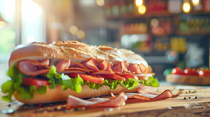 A fresh submarine sandwich filled with various cold cuts, vibrant tomatoes, and crisp lettuce, on a wooden counter in a deli, natural light, soft shadows, blurred background, with - Powered by Adobe