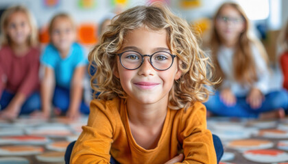 A young boy, with glasses on, sits on the floor among a group of children, smiling and happy