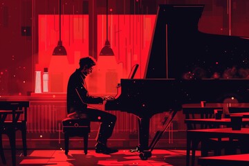 Musician Playing Piano in Red-Hued Nightclub, Ideal for Jazz Posters and Music-Themed Decor