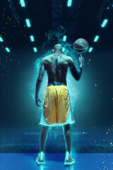 Rear view of muscular man, basketball player spinning ball on finger, showing strength and determination. Neon background with smoke effect. Concept of sport, games, tournament and competition. Poster
