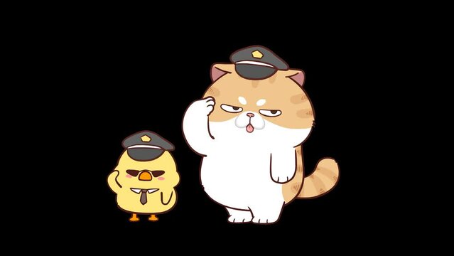 Animated Funny Cat Wearing a Police Hat Saluting - Transparent Background