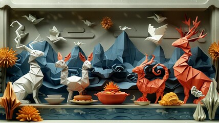 Vibrant Origami 3D Chinese Animals and Food Artistic Fashion Print - Intricate Line Art Vector Illustration
