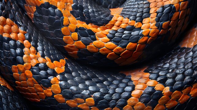 A snake's skin is black and orange. The snake is curled up