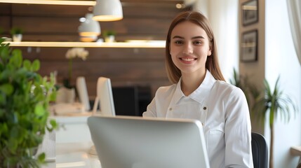 Fototapeta premium Enthusiastic Front Desk Associate Working with a Smile Professional Service and Communication