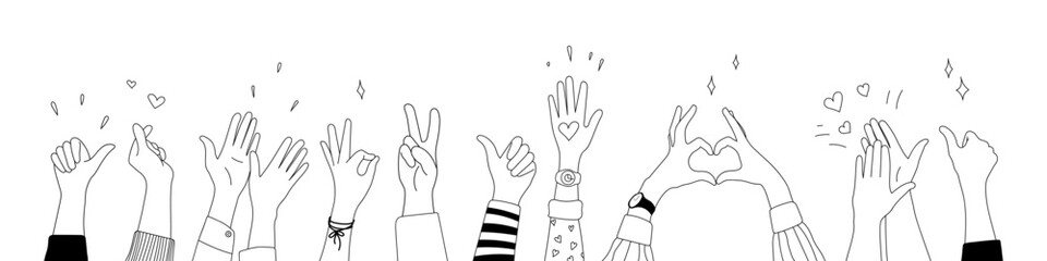 Obraz premium Doodle sketch hands up gestures comic icons silhouettes vector set. Group of line art fun comic hands in the air. Voting or happy congratulation audience recognition symbols.