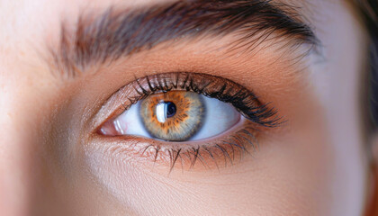 Obraz premium The closeup image frames a womans eye, emphasizing her brown pupil with stunning detail