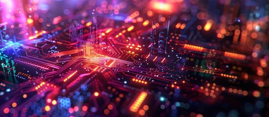 Obraz premium Futuristic Smart Cyber City: Innovative Urban Landscape in Digital Circuitry, futuristic technology concept, graphic banner design 