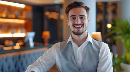 Fototapeta premium Enthusiastic Hotel Manager Excelling at Work on Colorful Background