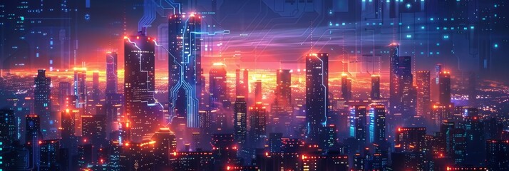 Futuristic Smart Cyber City: Innovative Urban Landscape in Digital Circuitry, futuristic technology concept,  graphic banner design 