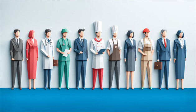 Origami Style Diverse Professionals Group: Doctors, Chefs, Businesspeople, and More
