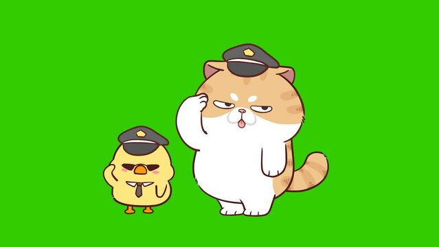 Animated Funny Cat Wearing a Police Hat Saluting - Green Screen