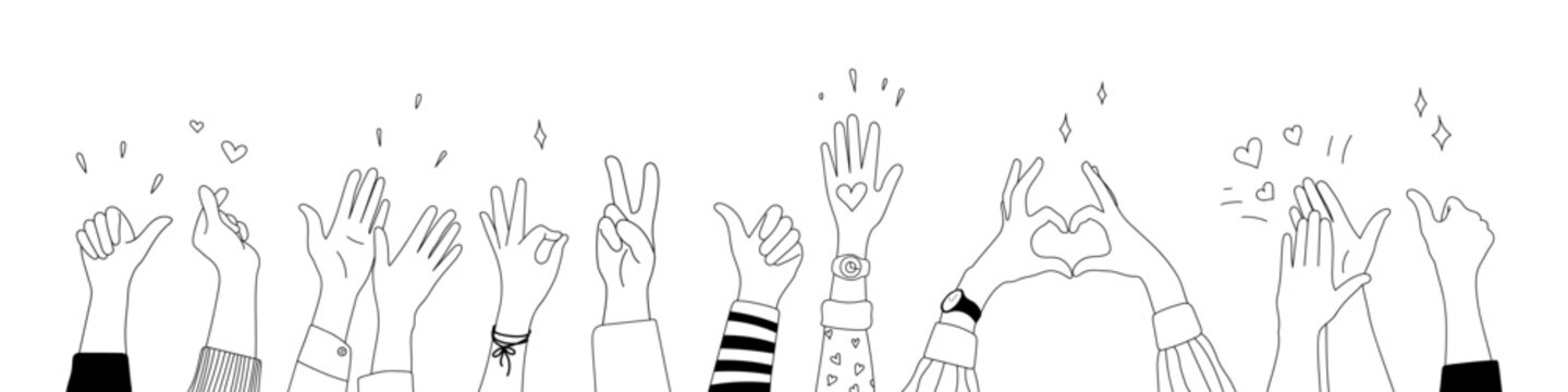Doodle sketch hands up gestures comic icons silhouettes vector set. Group of line art fun comic hands in the air. Voting or happy congratulation audience recognition symbols.