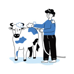 A man bathing a cow, animal care, eid al adha illustration