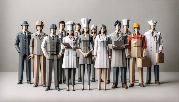 Origami Style Diverse Professionals Group: Doctors, Chefs, Businesspeople, and More