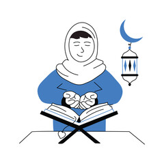A muslim woman reciting holy quran, reading quran premium illustration