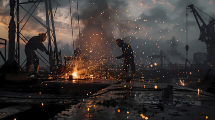 An action shot of workers in the middle of welding, with sparks flying around them, under an overcast sky that diffuses the natural light and softens shadows. , natural light, soft - Powered by Adobe