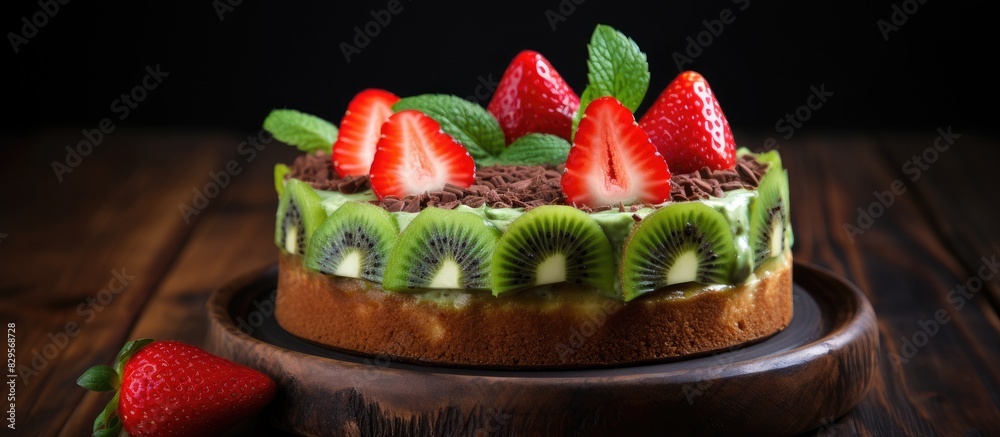 Poster Spinach cake garnished with strawberries kiwi and mint on a dark wooden backdrop providing ample copy space image