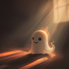 little ghost on a wooden floor shines from the light from the window behind, halloween theme