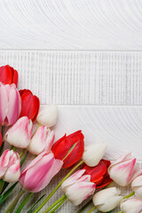Pastel colorful tulips grace the table, providing a serene and vibrant backdrop