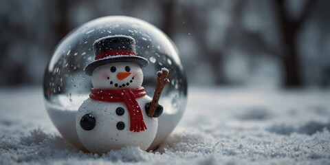 Festive snowman figurine encapsulated within a Christmas bauble amidst the winter landscape.