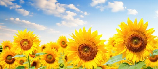 Fototapeta premium Vibrant sunflower field in full bloom displaying its natural beauty with copy space image