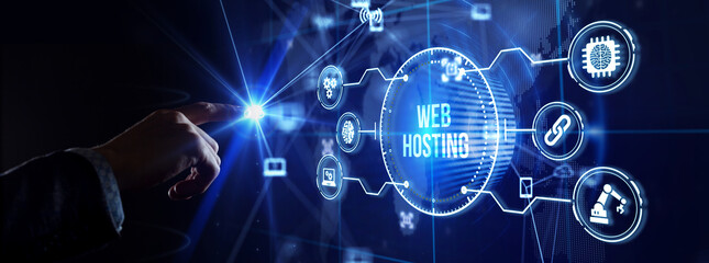 Obraz premium Web Hosting. The activity of providing storage space and access for websites. Business, modern technology, internet and networking concept.