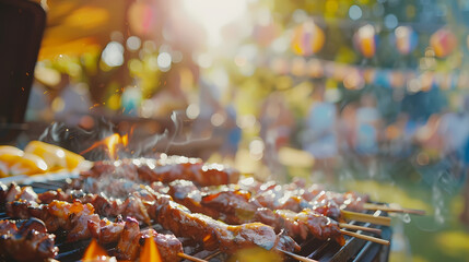 An outdoor team barbecue party as a gesture of employee appreciation, Team, blurred background, with copy space 