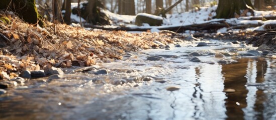 Melting snow in spring creates streams of water flowing on the ground with available copy space image