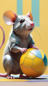  A rat plays with a small yellow ball on a pastel yellow background.   Cartoon style   Vertical