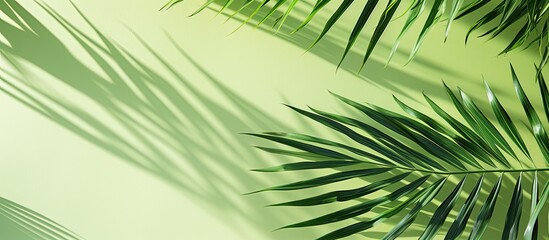 Abstract natural landscape showcasing shadows and green palm leaves with copy space image