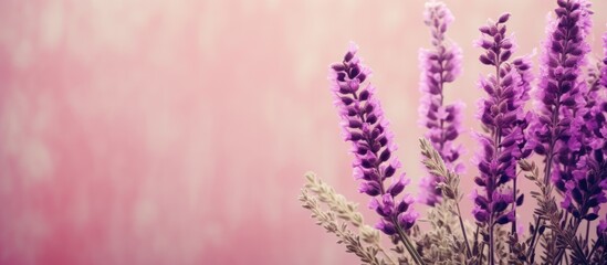 Soft focus image of small violet Heather flowers Calluna vulgaris on vintage paper background with retro style blurred backdrop and copy space image