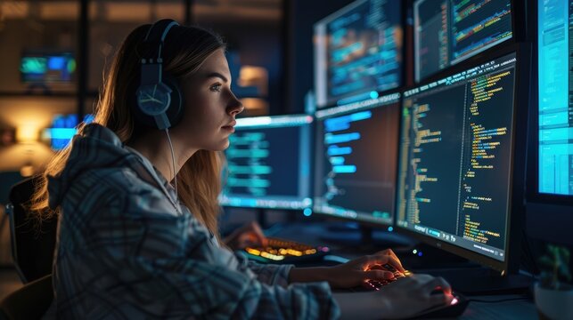 A young woman wearing headphones sits in front of a bank of computers coding. AIG51A.