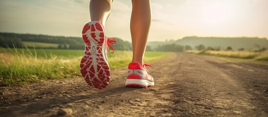 A young female jogger knotting her shoes on a rural path with a serene landscape in the background suitable for a copy space image - Powered by Adobe