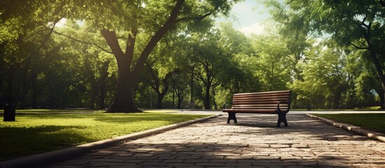 Public park s desolate walkway features wide open spaces and benches ideal for relaxation or contemplation perfect for a copy space image