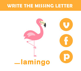 Write the missing letter. Worksheet for kids. Find missing letter worksheet for children.