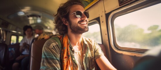 Young solo hipster backpacker on holiday vacation explores new adventures immersing in local culture during summer using a traditional train for transportation with a copy space image
