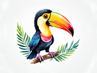 Fototapeta premium Colorful watercolor cute Toucan with tropical leaves illustration on a white background