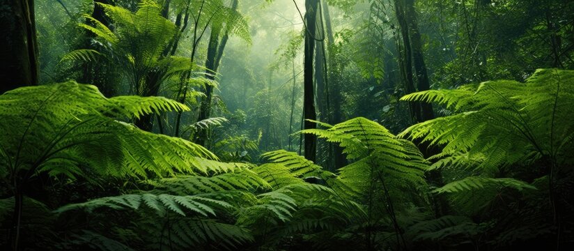 In tropical rainforests Lygodium ferns grow tall enveloping large trees creating a lush green canopy with ample copy space image